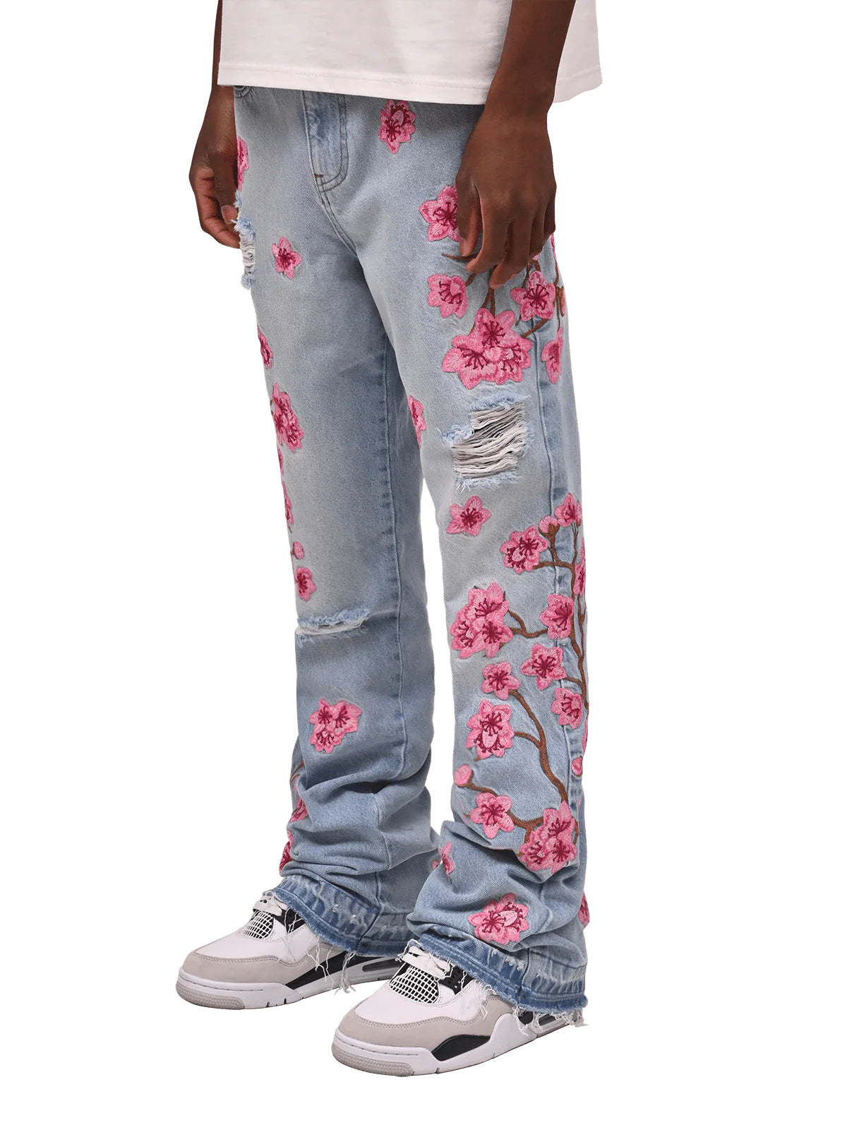 Men Straight Jean Denim Pants Jeans Loose Ankle Length Pant Pockets Casual Washed High Street Distressed Zipper Fly Spliced