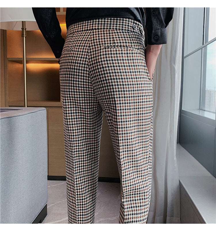 British Style Autumn New Fashion Stripe Plaid Suit Pant Men High Waist Design Slim Fit Office Pants Mens Groom Wedding Trousers
