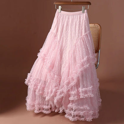 2026 Mesh Heart Printed Skirt Women Elastic High Waist Skirt Elegant Tulle A Line Ruffle Party Skirt Long Summer Saia Feminina