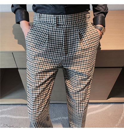 British Style Autumn New Fashion Stripe Plaid Suit Pant Men High Waist Design Slim Fit Office Pants Mens Groom Wedding Trousers