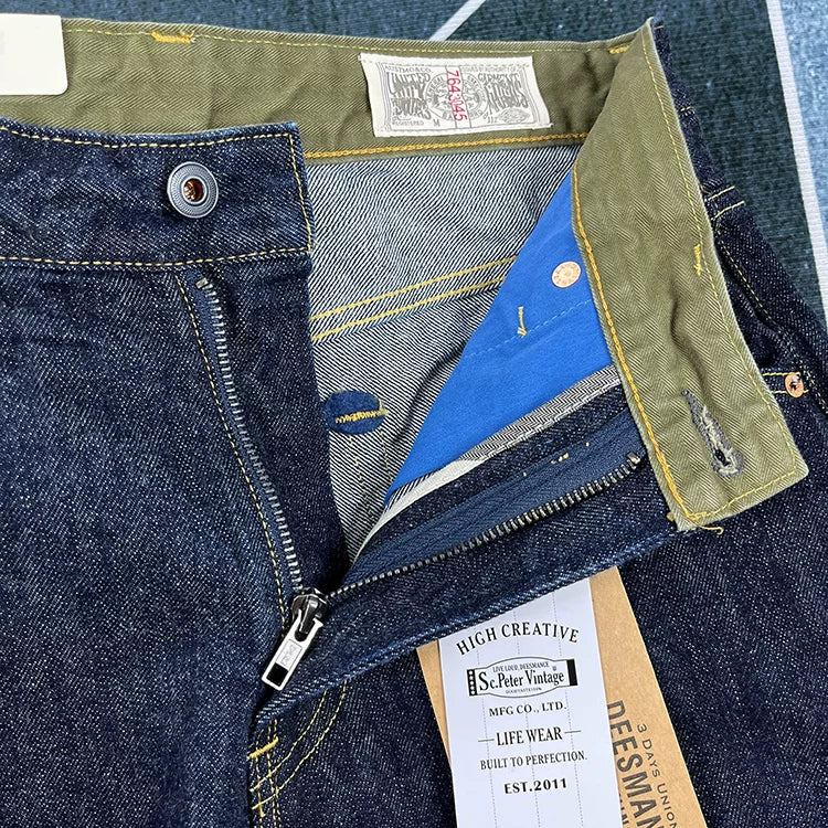 14oz Red Selvedge Denim Jeans for Men Heavyweight Raw Desilted Indigo Cotton Pants Youth Male Fashion Loose Straight Trousers