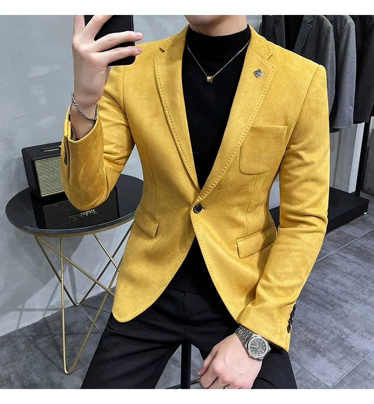 Men's Deerskin Fleece Jacket Suit Coat Blazer Men's Business Leisure Slim Fit Brand Fashion High Quality Single Button Suit Coat