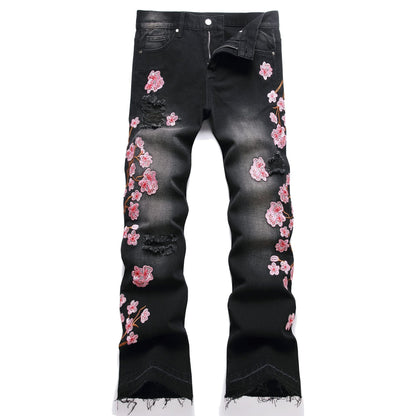 Men Straight Jean Denim Pants Jeans Loose Ankle Length Pant Pockets Casual Washed High Street Distressed Zipper Fly Spliced