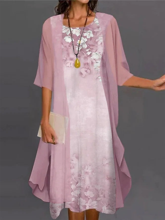 2024 Europe and the United States summer women's casual dress two-piece floral print round collar repair maxi