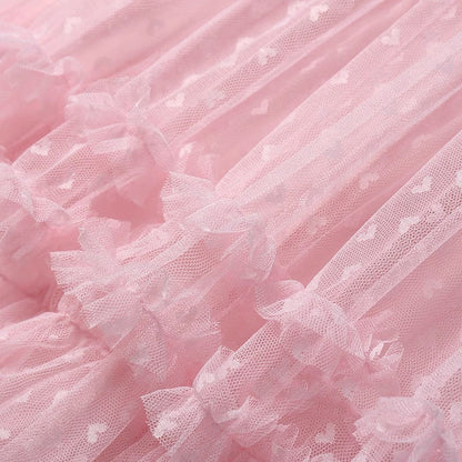 2026 Mesh Heart Printed Skirt Women Elastic High Waist Skirt Elegant Tulle A Line Ruffle Party Skirt Long Summer Saia Feminina