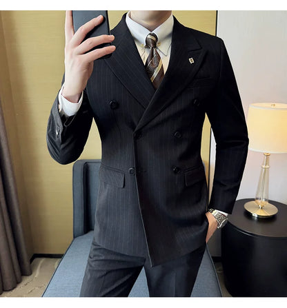 7XL-M ( Jacket + Pants ) Latest 2024 Stripe Design Double Breasted Men Suit 2 Piece Groom Wedding Business Slim Fit Prom Tuxedos
