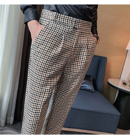 British Style Autumn New Fashion Stripe Plaid Suit Pant Men High Waist Design Slim Fit Office Pants Mens Groom Wedding Trousers