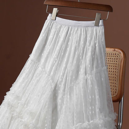 2026 Mesh Heart Printed Skirt Women Elastic High Waist Skirt Elegant Tulle A Line Ruffle Party Skirt Long Summer Saia Feminina