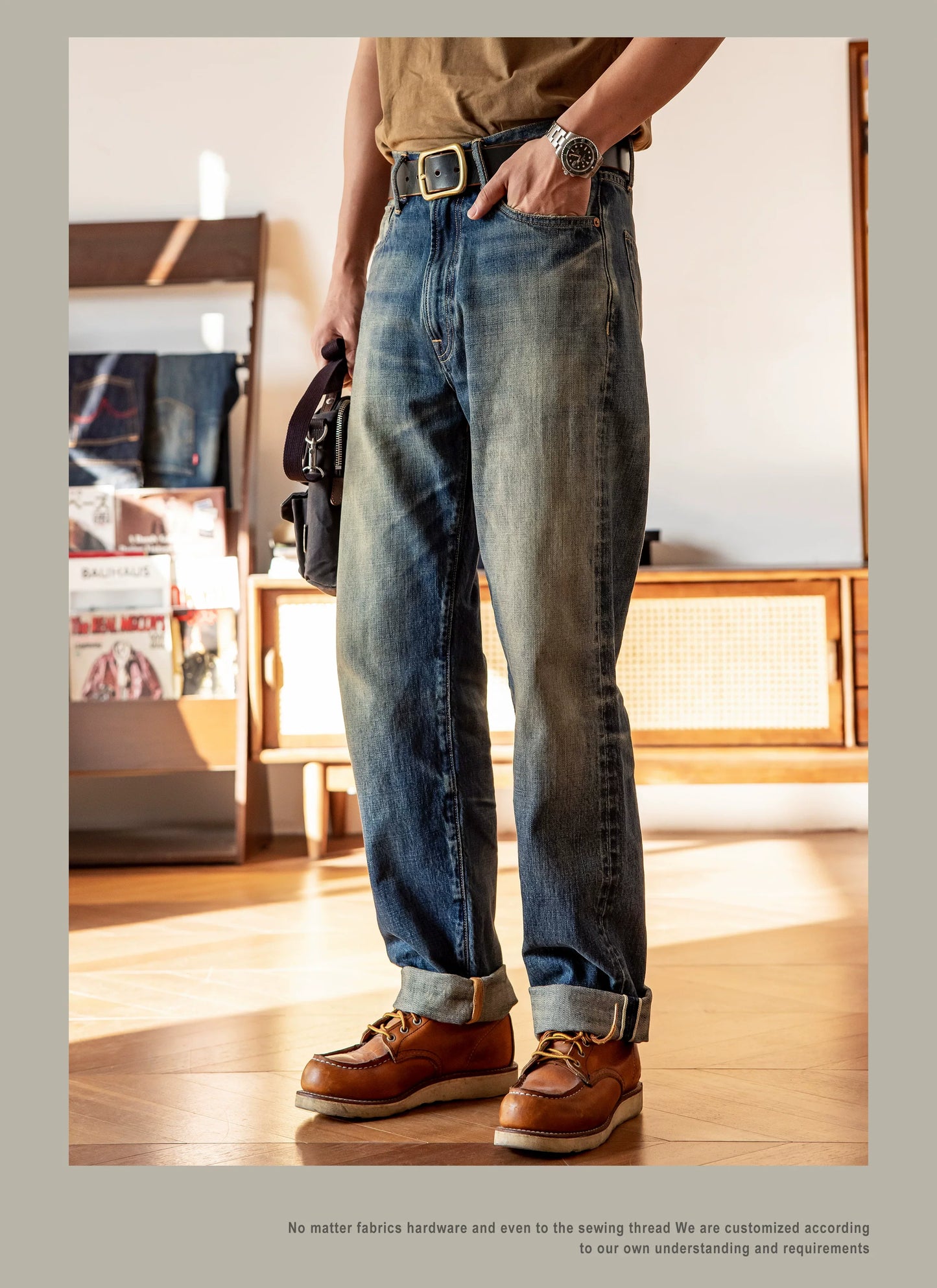 Good Quality  Washed Slim Fitting Denim Pants 100% Cotton Heavy Thick Jean 14oz
