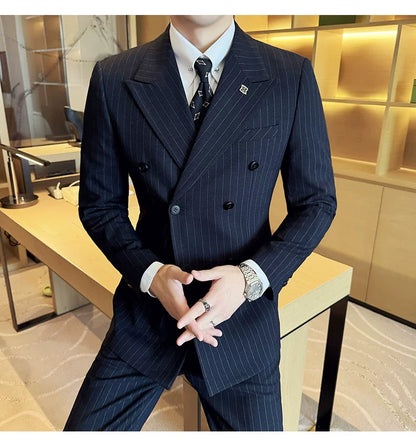 7XL-M ( Jacket + Pants ) Latest 2024 Stripe Design Double Breasted Men Suit 2 Piece Groom Wedding Business Slim Fit Prom Tuxedos