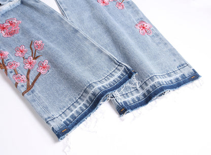 Men Straight Jean Denim Pants Jeans Loose Ankle Length Pant Pockets Casual Washed High Street Distressed Zipper Fly Spliced