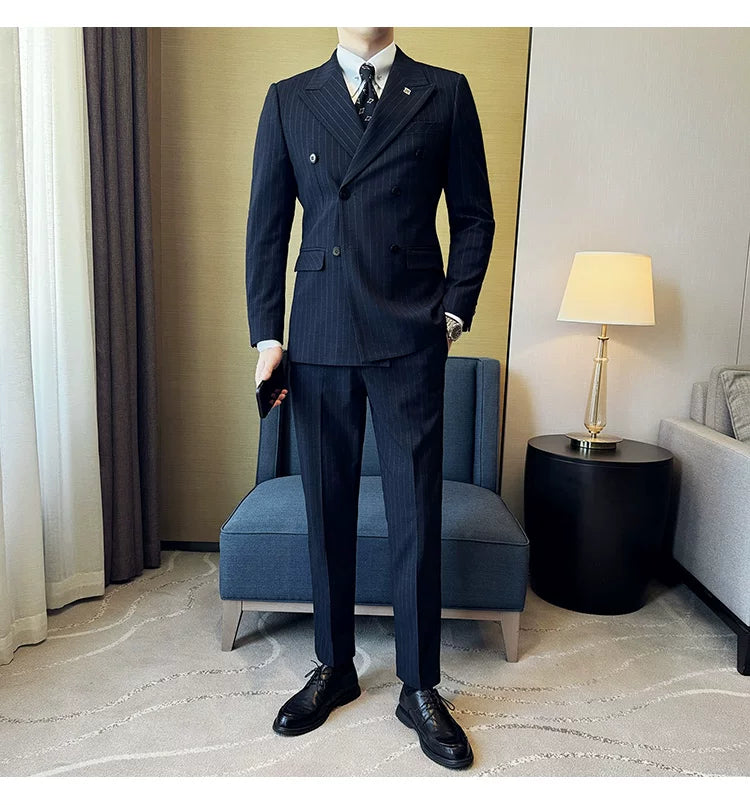 7XL-M ( Jacket + Pants ) Latest 2024 Stripe Design Double Breasted Men Suit 2 Piece Groom Wedding Business Slim Fit Prom Tuxedos