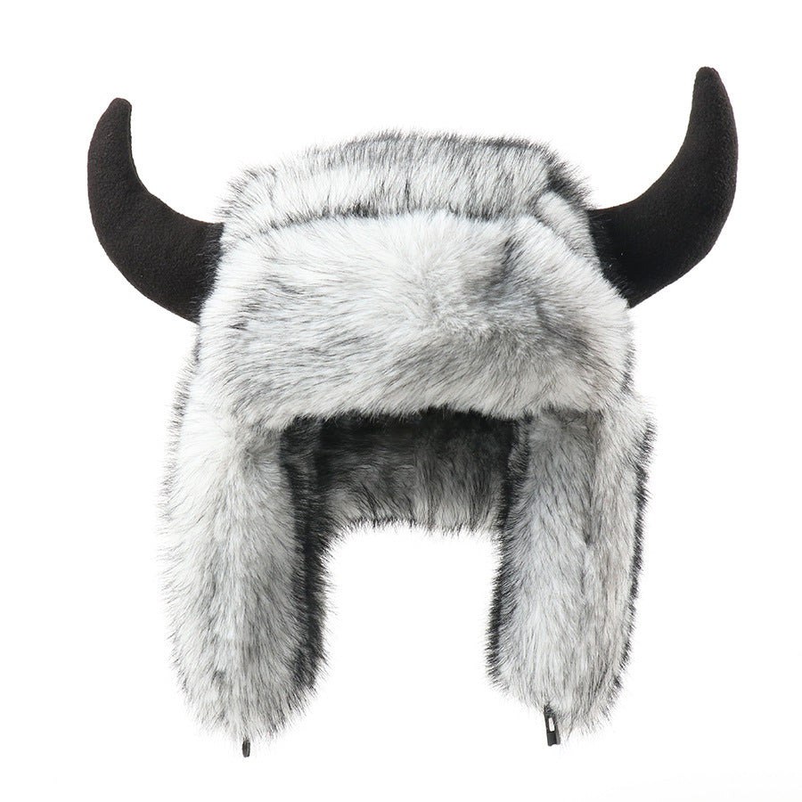 Imitation Fur Warm Horned Lei Feng Hats for Men Winter Russian Ushanka Hat Outdoor Thicked Windproof Ear Protection Caps