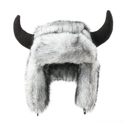 Imitation Fur Warm Horned Lei Feng Hats for Men Winter Russian Ushanka Hat Outdoor Thicked Windproof Ear Protection Caps