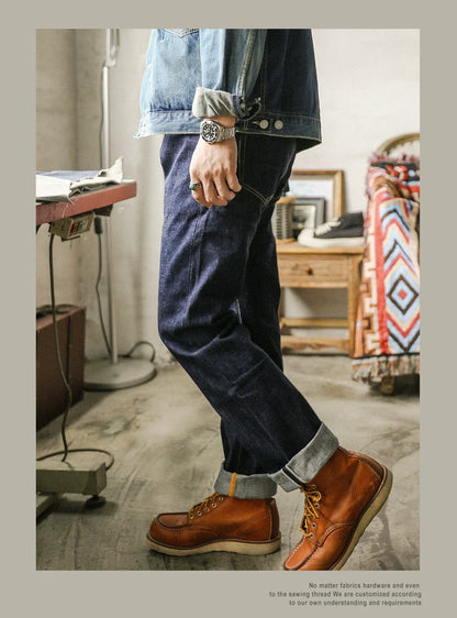 Raw Denim Jeans 16oz Heavy Weight Indigo Selvage One Washed Sanforized Zipper Pants