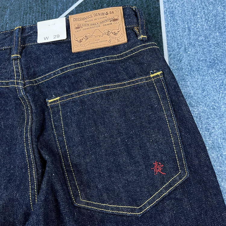 14oz Red Selvedge Denim Jeans for Men Heavyweight Raw Desilted Indigo Cotton Pants Youth Male Fashion Loose Straight Trousers