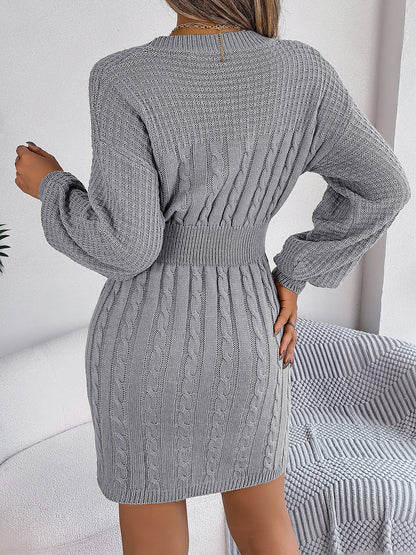 Autumn Winter Solid Color Woolen Dress O-Neck Lantern Sleeve Hollow Out Knitted Dresses for Women Fashion Casual Vestidos