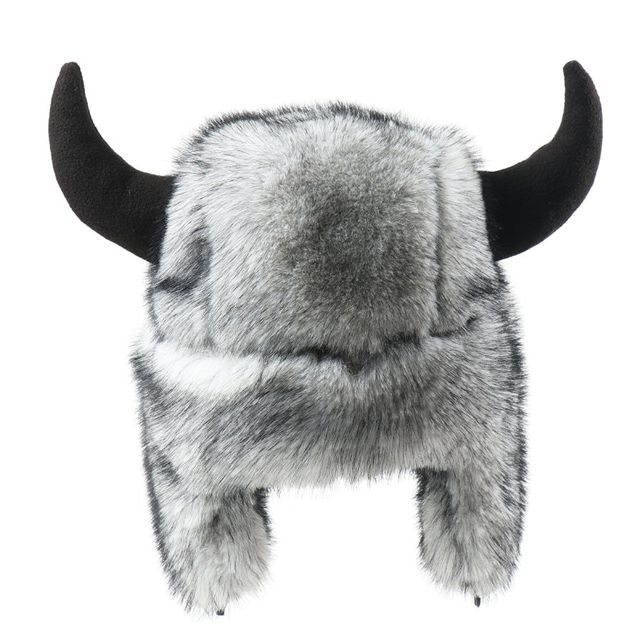 Imitation Fur Warm Horned Lei Feng Hats for Men Winter Russian Ushanka Hat Outdoor Thicked Windproof Ear Protection Caps