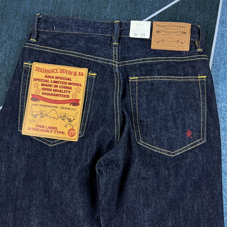 14oz Red Selvedge Denim Jeans for Men Heavyweight Raw Desilted Indigo Cotton Pants Youth Male Fashion Loose Straight Trousers