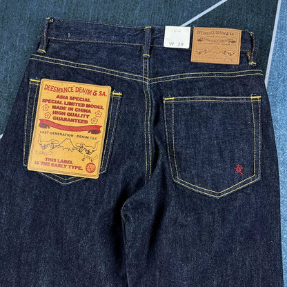 14oz Red Selvedge Denim Jeans for Men Heavyweight Raw Desilted Indigo Cotton Pants Youth Male Fashion Loose Straight Trousers