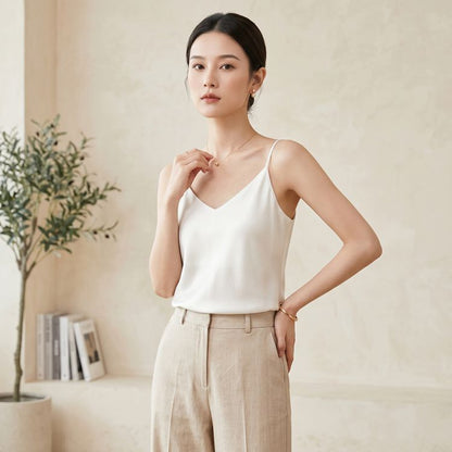 Double-Layer Silk Camisole for Women, Mulberry Silk Bandeau, Sexy V-neck Tanks and Camis, Summer Vest, 2025