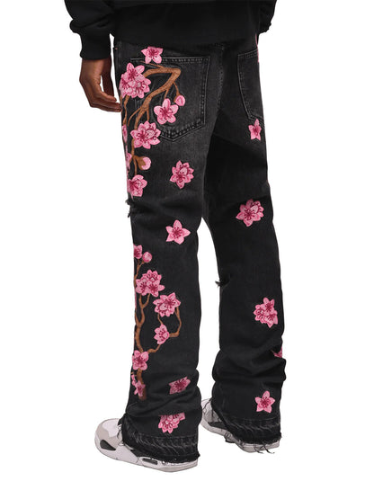 Men Straight Jean Denim Pants Jeans Loose Ankle Length Pant Pockets Casual Washed High Street Distressed Zipper Fly Spliced