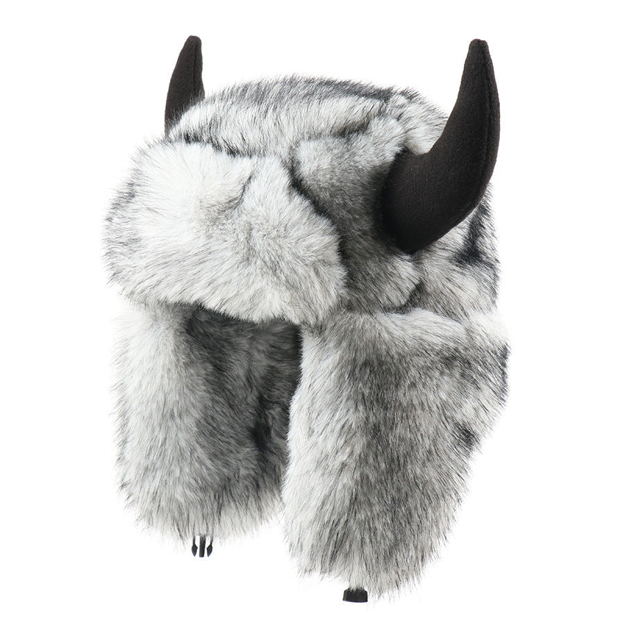 Imitation Fur Warm Horned Lei Feng Hats for Men Winter Russian Ushanka Hat Outdoor Thicked Windproof Ear Protection Caps