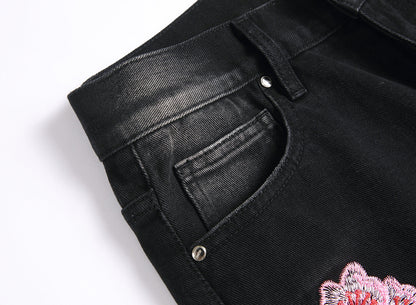Men Straight Jean Denim Pants Jeans Loose Ankle Length Pant Pockets Casual Washed High Street Distressed Zipper Fly Spliced