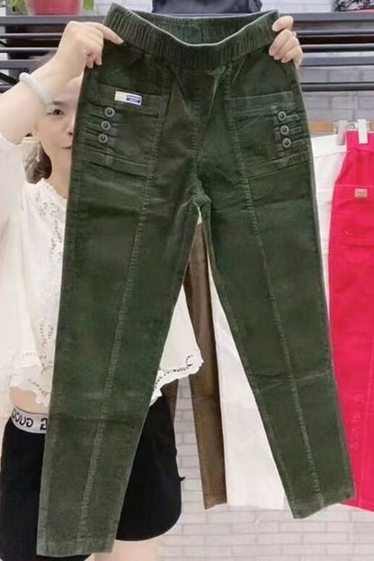 Elegant Women Streetwear Korean Fashion Casual Pant Solid Corduroy Harlan Button Pockets Pants New Autumn Winter Pants Plus Size