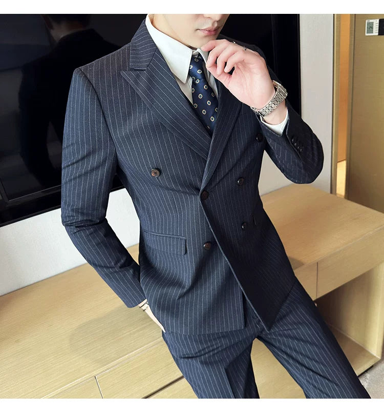 Jacket And Pants High-end Fashion Striped Men's Formal Double-breasted Business Suit Groom Wedding Dress Mens Suit 2 Piece Set