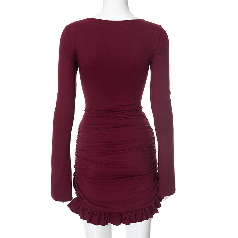 Ruched Bodycon Dress Women Sexy Long Sleeve Twist Ruffles Hem Mini Dresses Autumn White Elegant Club Party Short Vestidos