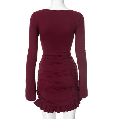 Ruched Bodycon Dress Women Sexy Long Sleeve Twist Ruffles Hem Mini Dresses Autumn White Elegant Club Party Short Vestidos
