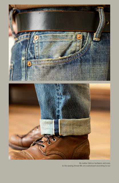 Good Quality  Washed Slim Fitting Denim Pants 100% Cotton Heavy Thick Jean 14oz