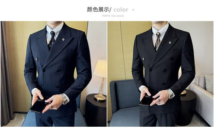 7XL-M ( Jacket + Pants ) Latest 2024 Stripe Design Double Breasted Men Suit 2 Piece Groom Wedding Business Slim Fit Prom Tuxedos