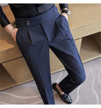 British Style Autumn New Solid High Waist Trousers Men Formal Pants 2025 High Quality Slim Fit Business Casual Suit Pants Hommes