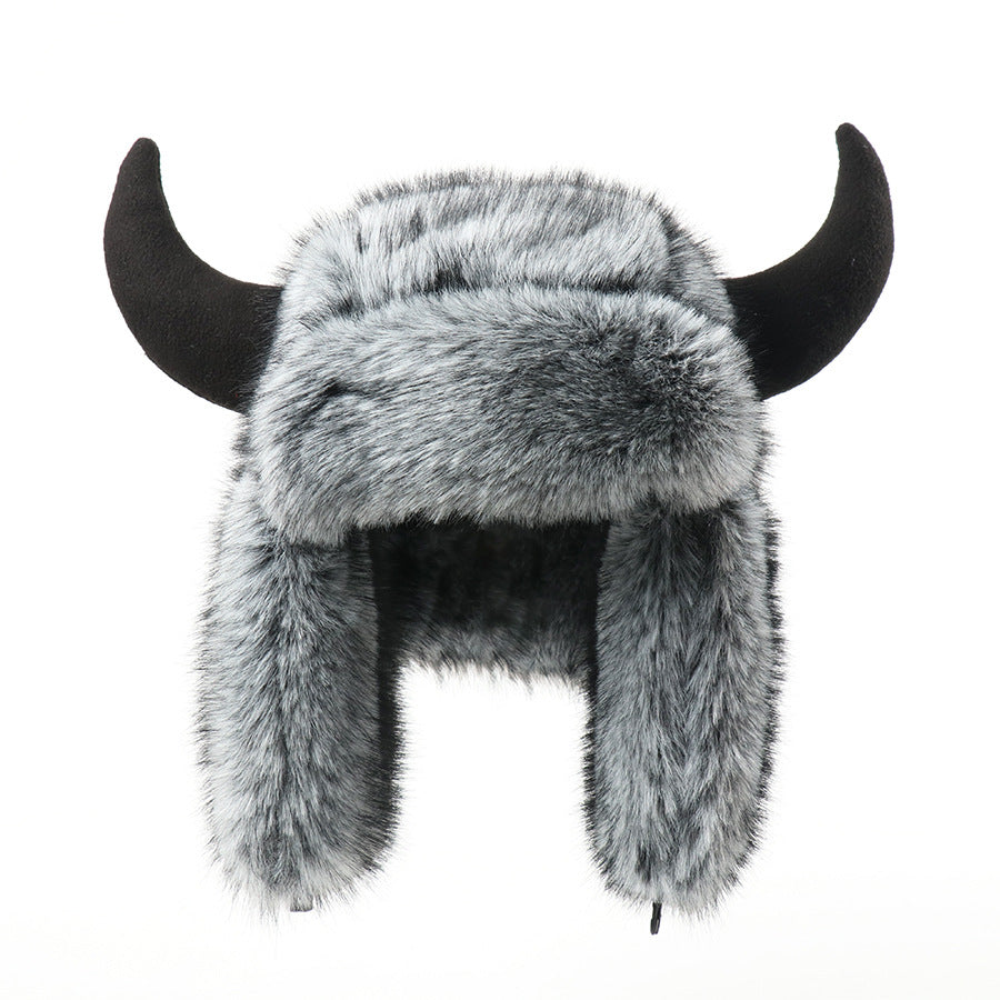 Imitation Fur Warm Horned Lei Feng Hats for Men Winter Russian Ushanka Hat Outdoor Thicked Windproof Ear Protection Caps