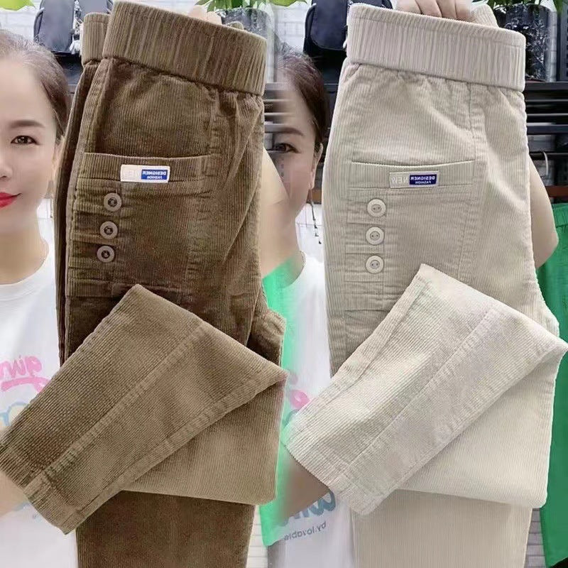 Elegant Women Streetwear Korean Fashion Casual Pant Solid Corduroy Harlan Button Pockets Pants New Autumn Winter Pants Plus Size
