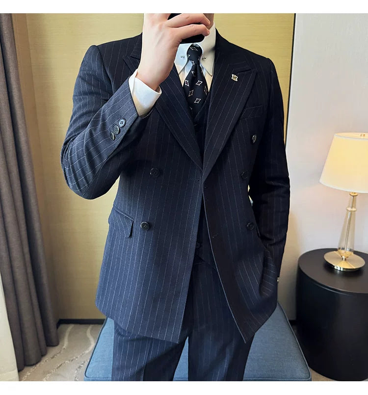 7XL-M ( Jacket + Pants ) Latest 2024 Stripe Design Double Breasted Men Suit 2 Piece Groom Wedding Business Slim Fit Prom Tuxedos