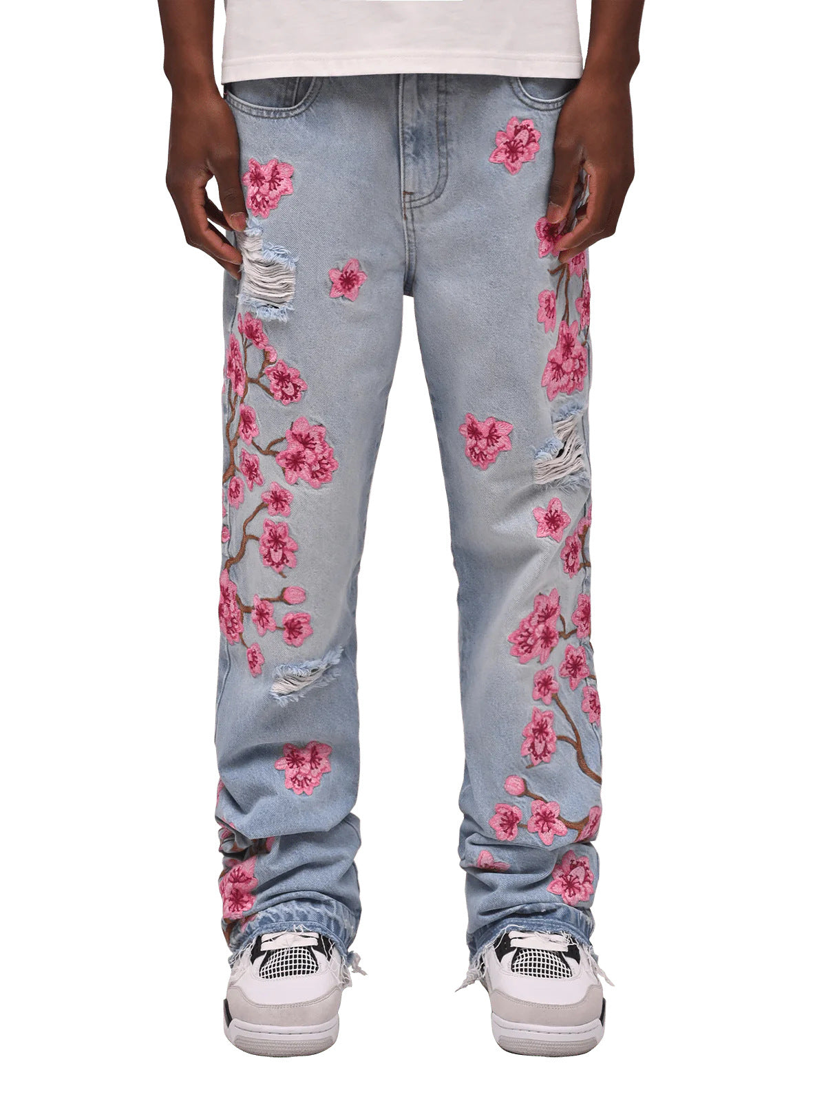 Men Straight Jean Denim Pants Jeans Loose Ankle Length Pant Pockets Casual Washed High Street Distressed Zipper Fly Spliced