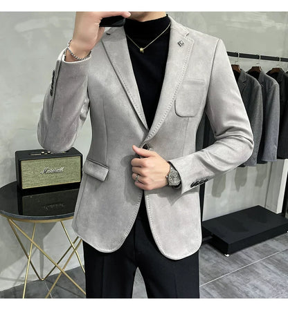 Men's Deerskin Fleece Jacket Suit Coat Blazer Men's Business Leisure Slim Fit Brand Fashion High Quality Single Button Suit Coat