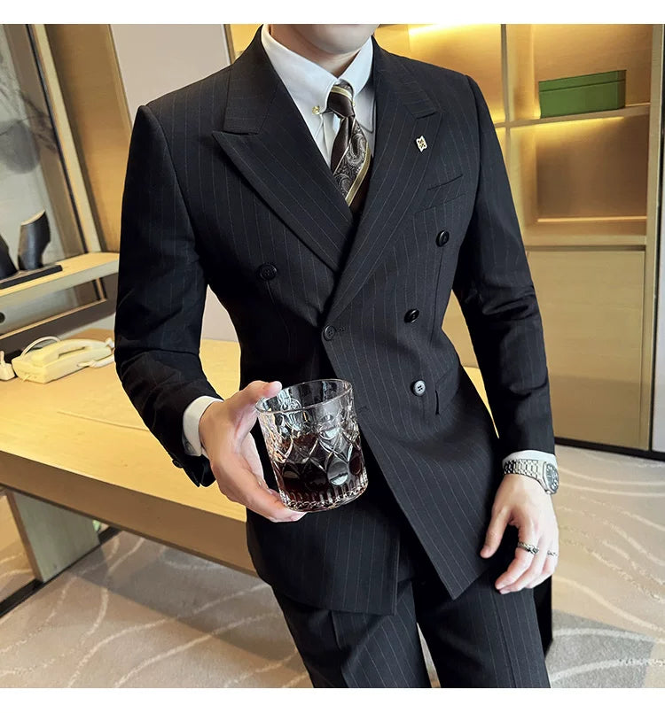 7XL-M ( Jacket + Pants ) Latest 2024 Stripe Design Double Breasted Men Suit 2 Piece Groom Wedding Business Slim Fit Prom Tuxedos