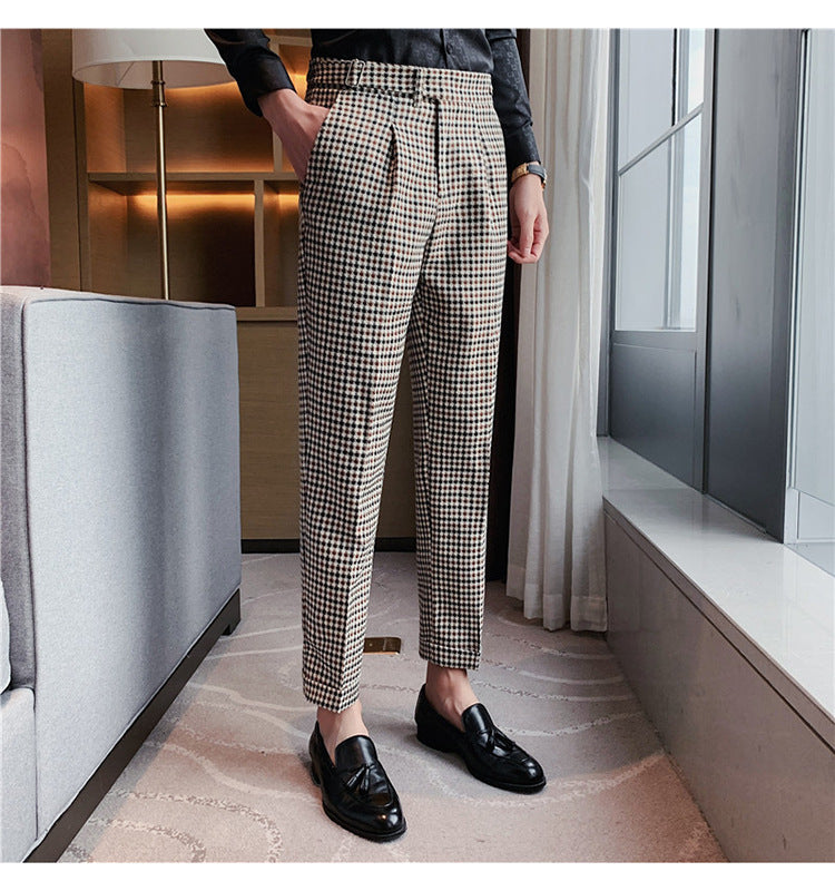 British Style Autumn New Fashion Stripe Plaid Suit Pant Men High Waist Design Slim Fit Office Pants Mens Groom Wedding Trousers