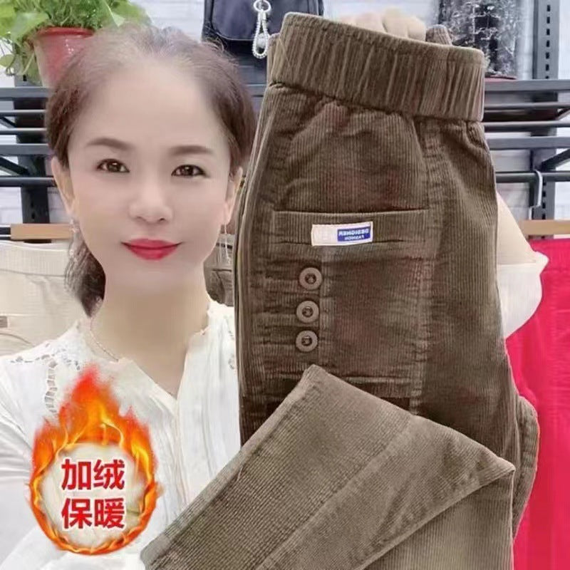 Elegant Women Streetwear Korean Fashion Casual Pant Solid Corduroy Harlan Button Pockets Pants New Autumn Winter Pants Plus Size