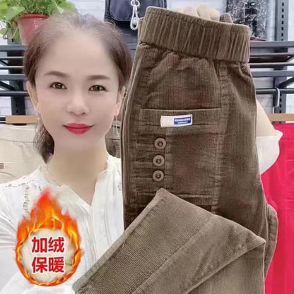 Elegant Women Streetwear Korean Fashion Casual Pant Solid Corduroy Harlan Button Pockets Pants New Autumn Winter Pants Plus Size