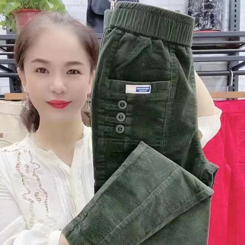 Elegant Women Streetwear Korean Fashion Casual Pant Solid Corduroy Harlan Button Pockets Pants New Autumn Winter Pants Plus Size
