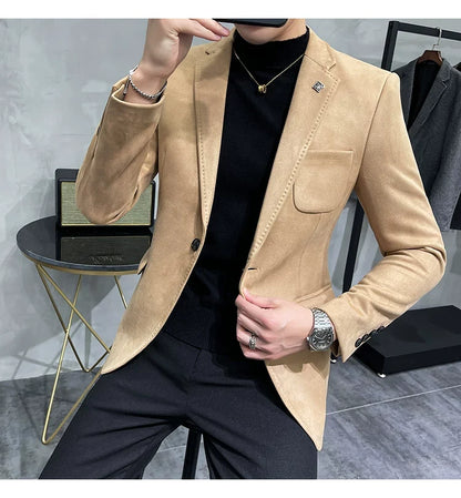 Men's Deerskin Fleece Jacket Suit Coat Blazer Men's Business Leisure Slim Fit Brand Fashion High Quality Single Button Suit Coat