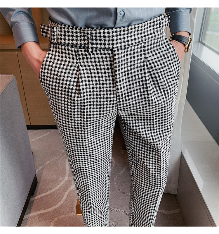 British Style Autumn New Fashion Stripe Plaid Suit Pant Men High Waist Design Slim Fit Office Pants Mens Groom Wedding Trousers
