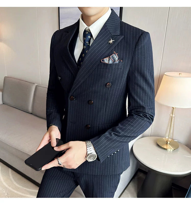 Jacket And Pants High-end Fashion Striped Men's Formal Double-breasted Business Suit Groom Wedding Dress Mens Suit 2 Piece Set