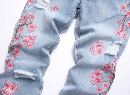 Men Straight Jean Denim Pants Jeans Loose Ankle Length Pant Pockets Casual Washed High Street Distressed Zipper Fly Spliced