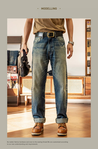 Good Quality  Washed Slim Fitting Denim Pants 100% Cotton Heavy Thick Jean 14oz